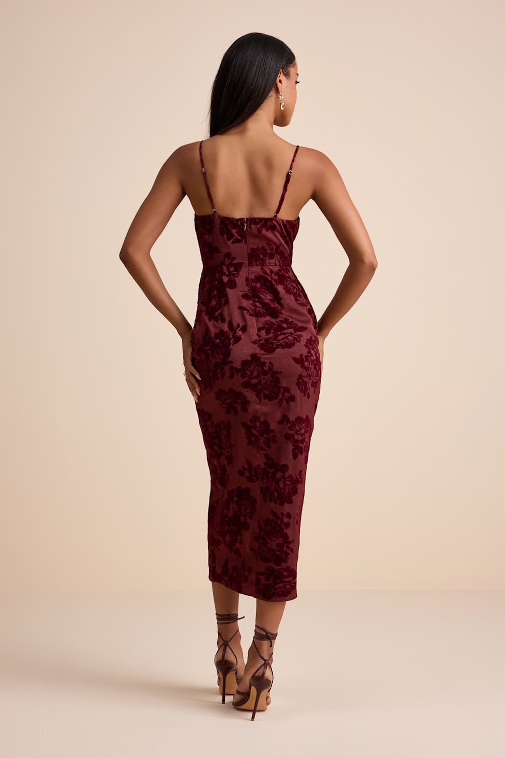 Belden Burgundy Velvet Burnout Surplice Midi Dress
