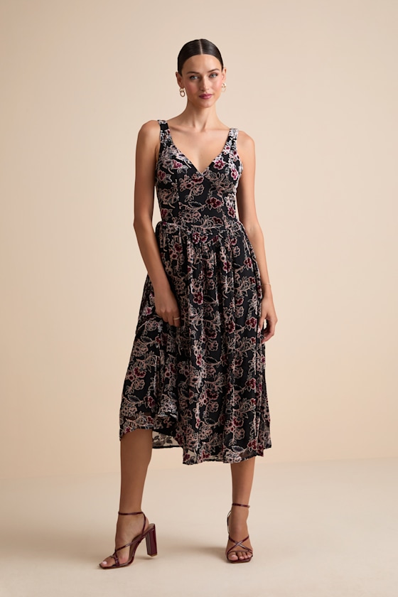 Priella Black Velvet Burnout Lace-Up Midi Dress 1