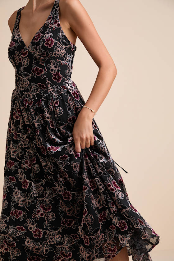 Priella Black Velvet Burnout Lace-Up Midi Dress 2