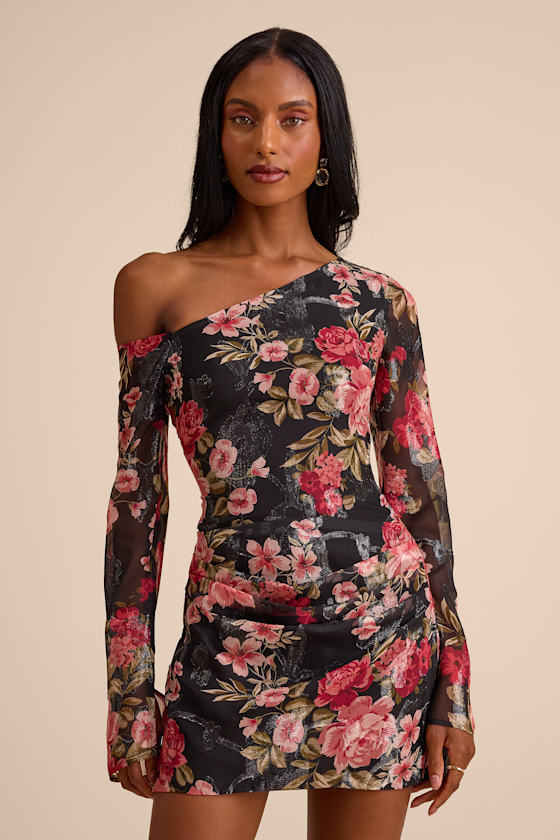 Aviora Black Floral Burnout One-Shoulder Long Sleeve Mini Dress 1