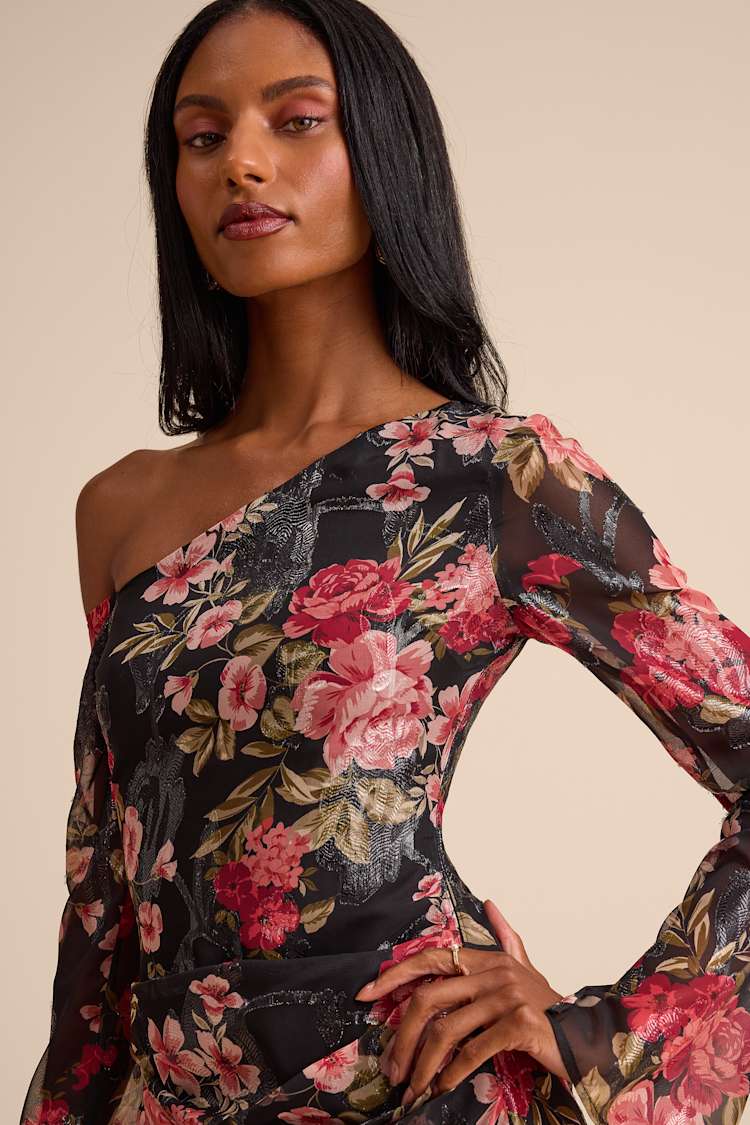 Aviora Black Floral Burnout One-Shoulder Long Sleeve Mini Dress