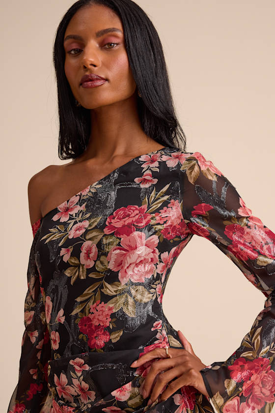 Aviora Black Floral Burnout One-Shoulder Long Sleeve Mini Dress 2