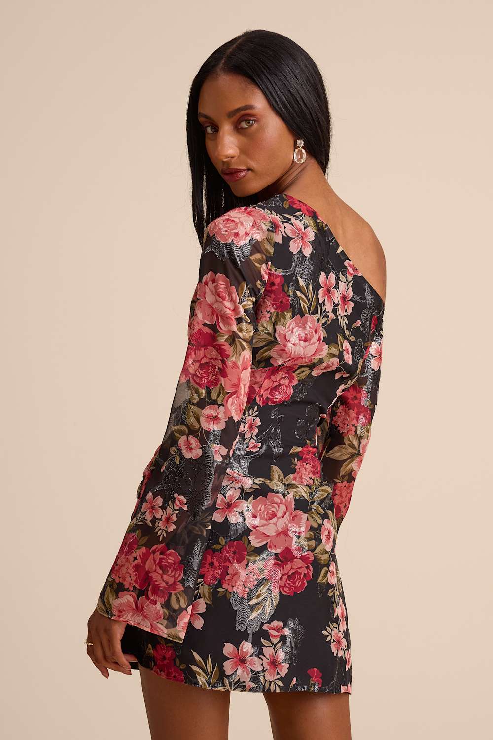Aviora Black Floral Burnout One-Shoulder Long Sleeve Mini Dress