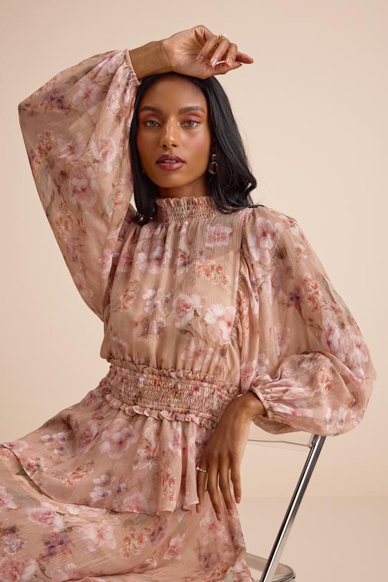 Peach Floral Dress - Mock Neck Long Sleeve Dress - Tiered Midi - Lulus