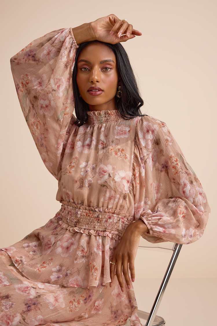 Peach Floral Tiered Mock Neck Long Sleeve Maxi Dress | Womens | X-Large (Available in S, M) | 100% Polyester | Lulus