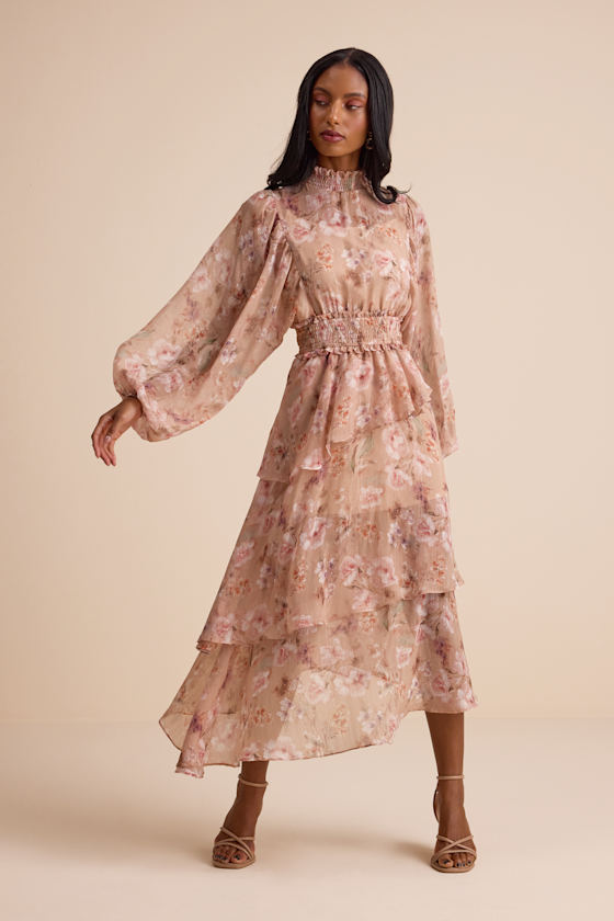 Peach Floral Dress - Mock Neck Long Sleeve Dress - Tiered Midi - Lulus