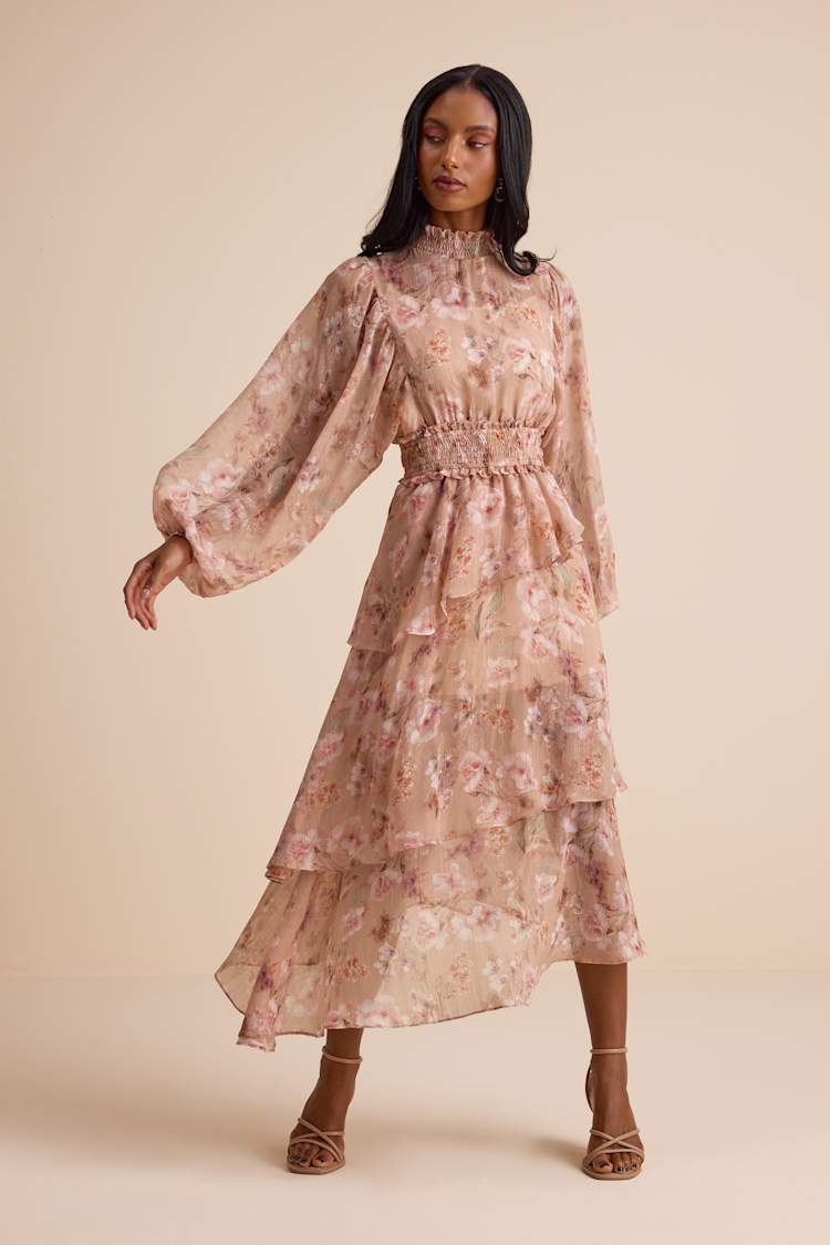 Wexler Peach Floral Tiered Mock Neck Long Sleeve Maxi Dress