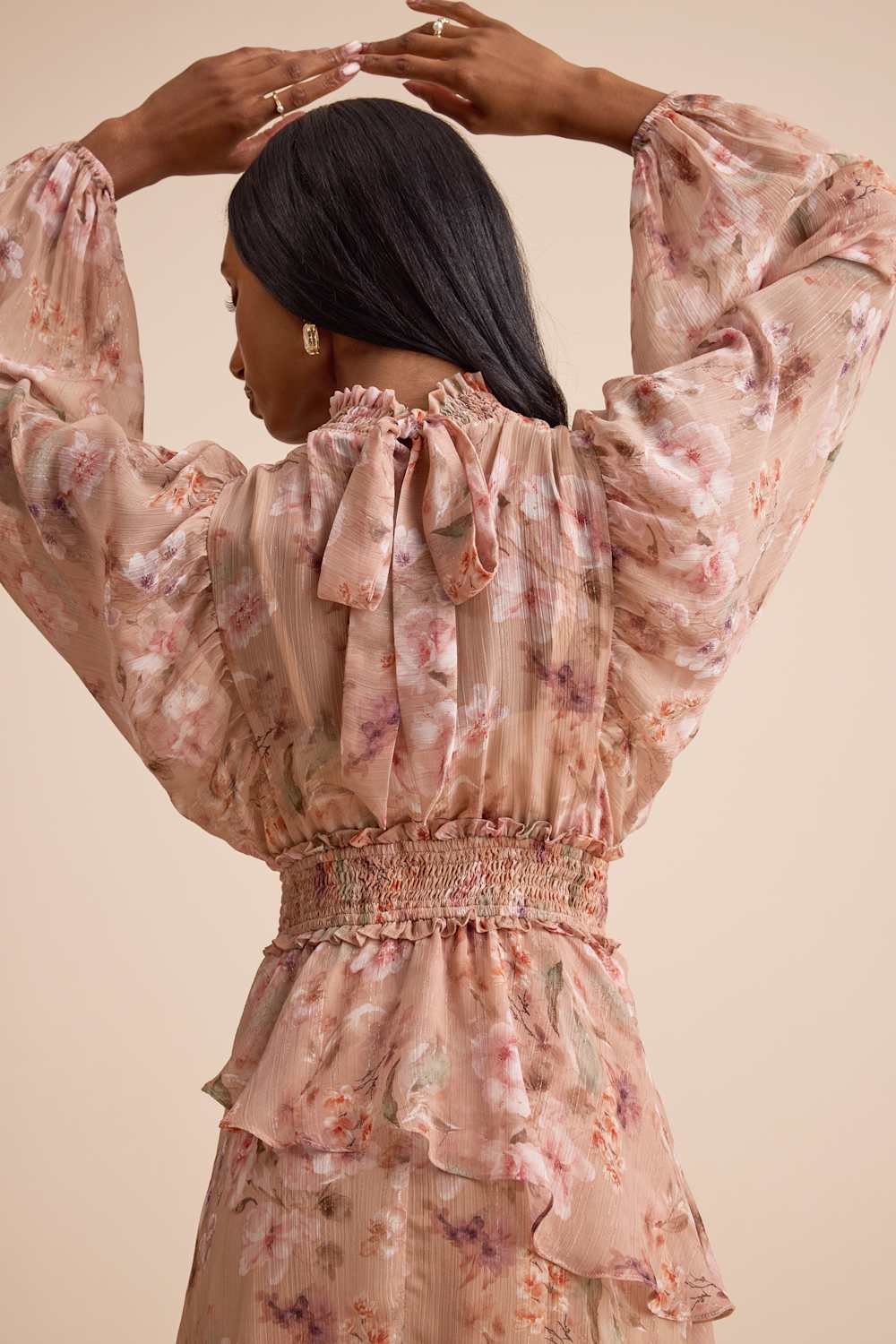 Wexler Peach Floral Tiered Mock Neck Long Sleeve Maxi Dress