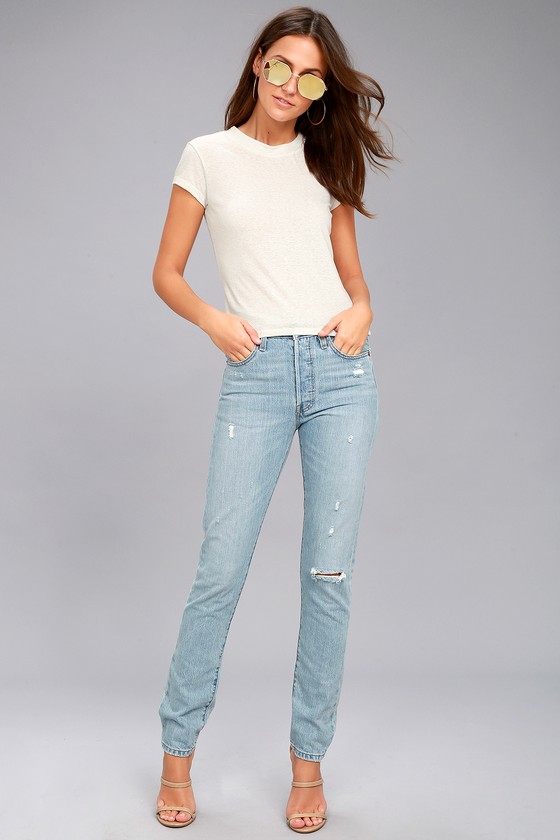 501 skinny light blue distressed jeans