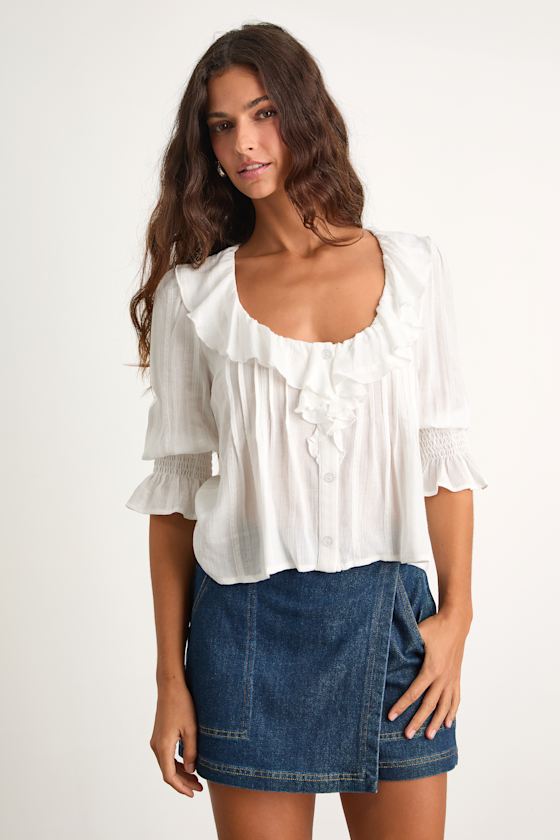 Lulus Auclair White Poplin Tie-front Collared Long Sleeve Top In White