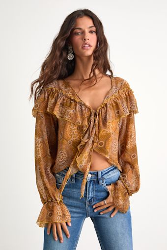 Azlynn Golden Yellow Boho Print Ruffled Tie-Front Top 1