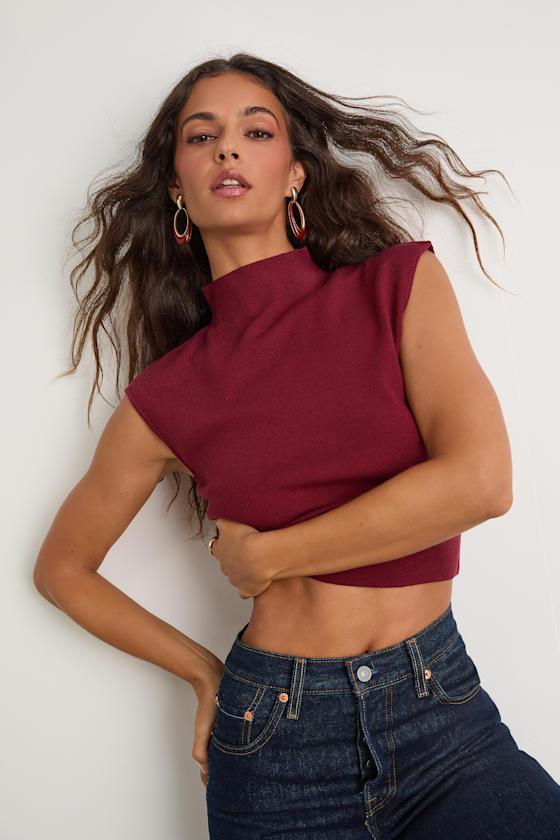 Lulus Suki Wine Red Mock Neck Cap Sleeve Sweater Top In Black