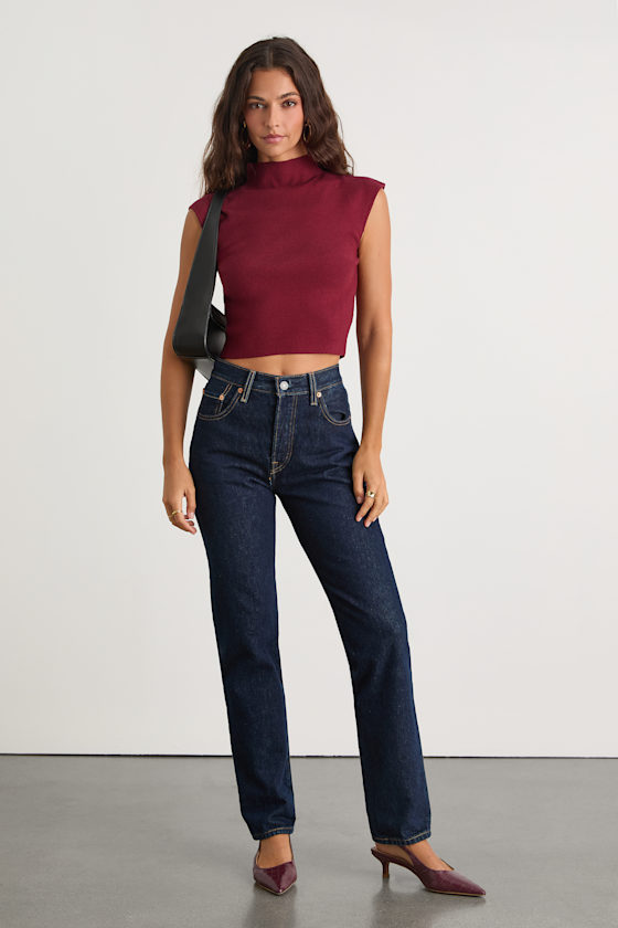 Lulus Suki Wine Red Mock Neck Cap Sleeve Sweater Top In Black