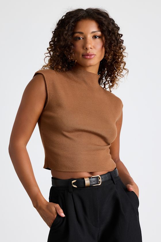 Lulus Suki Light Brown Mock Neck Cap Sleeve Sweater Top In Brown