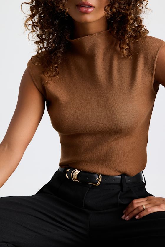 Lulus Suki Light Brown Mock Neck Cap Sleeve Sweater Top In Brown