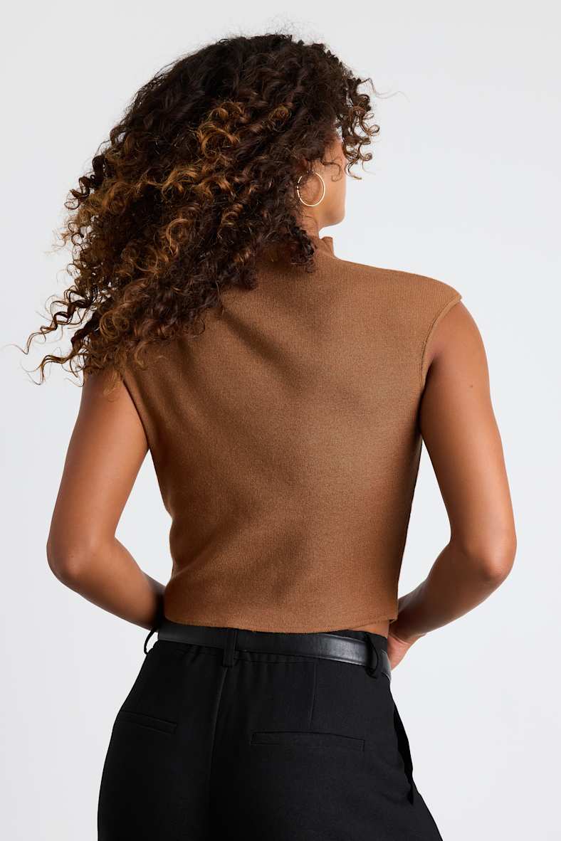 Suki Light Brown Mock Neck Cap Sleeve Sweater Top