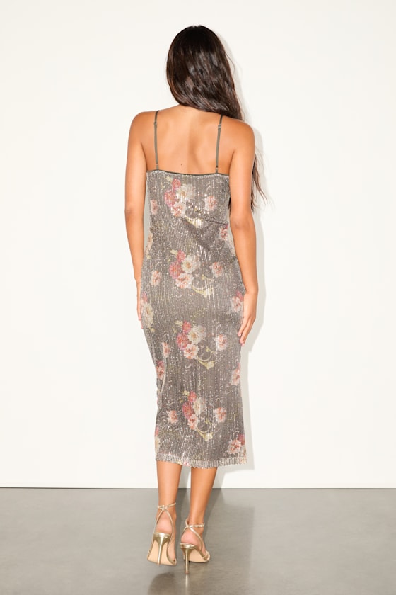 Lulus Cateline Charcoal Floral Sequin Bodycon Midi Dress In Gray