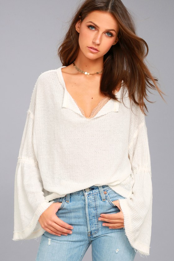 Free People Dahlia White Thermal Long Sleeve Top