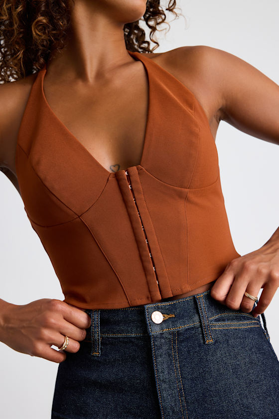Adeema Rust Brown Hook-and-Eye Halter Crop Top 1