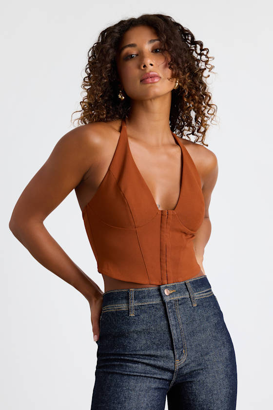 Adeema Rust Brown Hook-and-Eye Halter Crop Top 2
