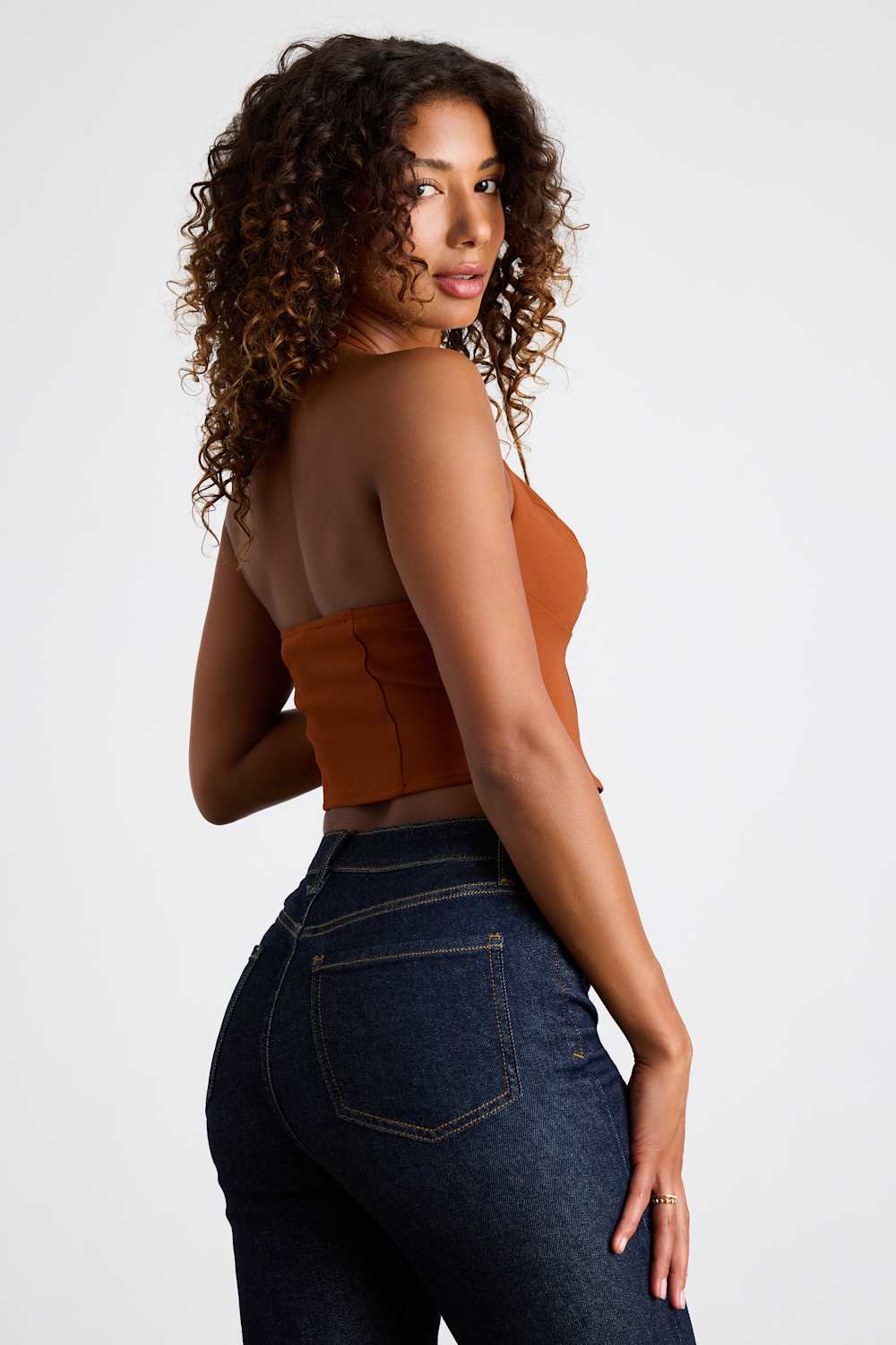 Adeema Rust Brown Hook-and-Eye Halter Crop Top