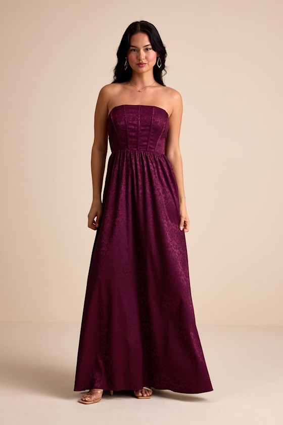 Venita Plum Floral Jacquard Satin Bustier Maxi Dress 2