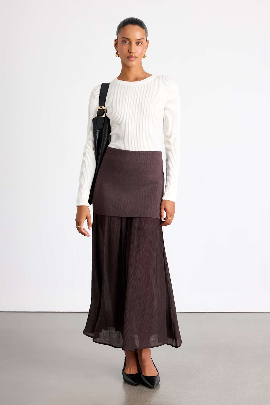 Taylee Brown Mixed Media Sheer Hem Maxi Skirt