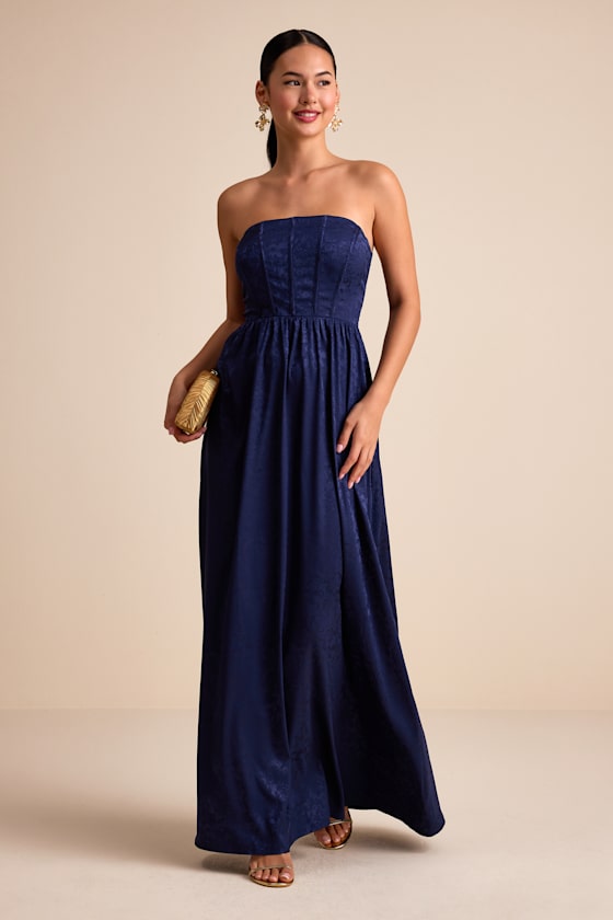 Venita Navy Floral Jacquard Satin Bustier Maxi Dress 1