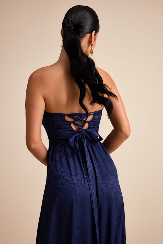 Venita Navy Floral Jacquard Satin Bustier Maxi Dress 2