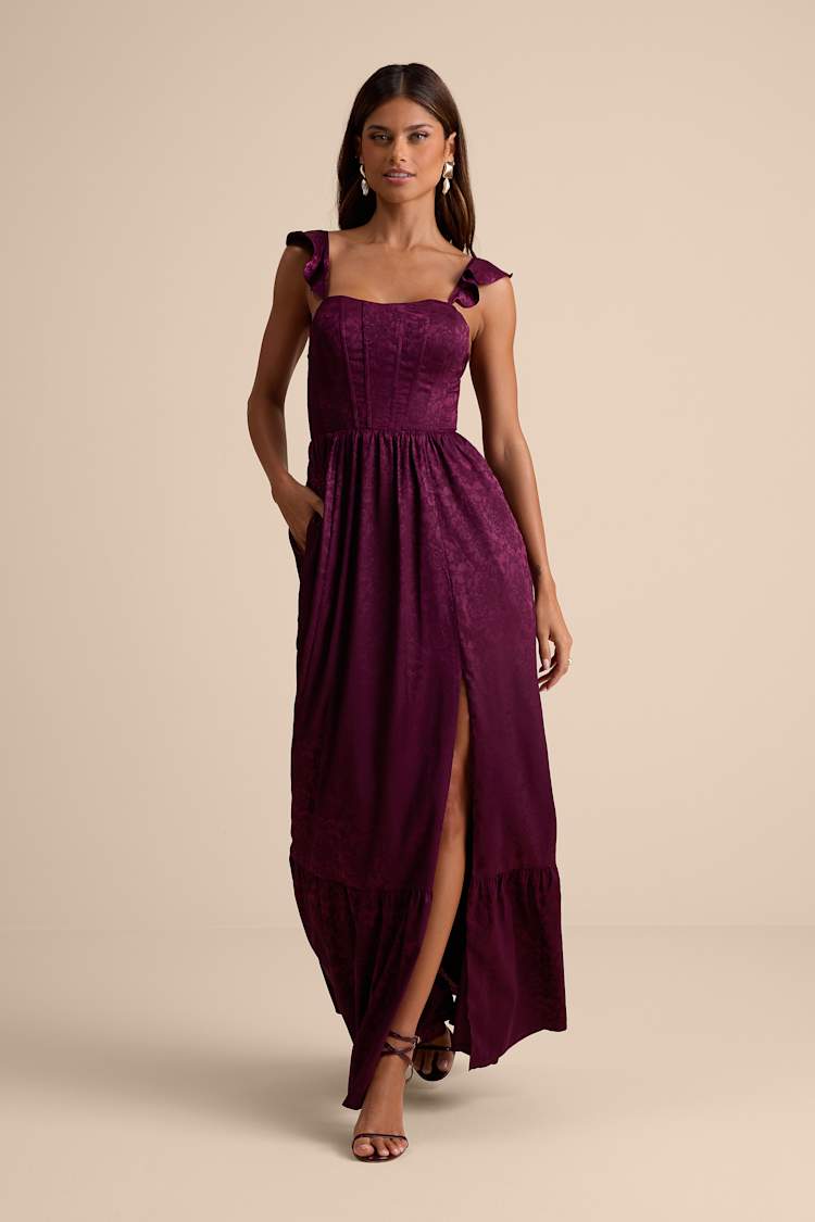 Lulus | Purple Arlaith Plum Jacquard Lace-Up Corset Maxi Dress | Womens | Small (Available in XS, M, L, Xl) | 100% Polyester
