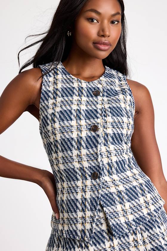 Navy Plaid Vest Top - Asymmetrical Vest Top - Tweed Plaid Set - Lulus