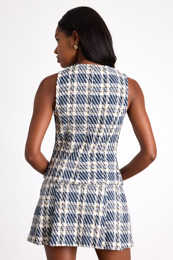 Harlaw Navy Plaid Tweed Asymmetrical Vest Top