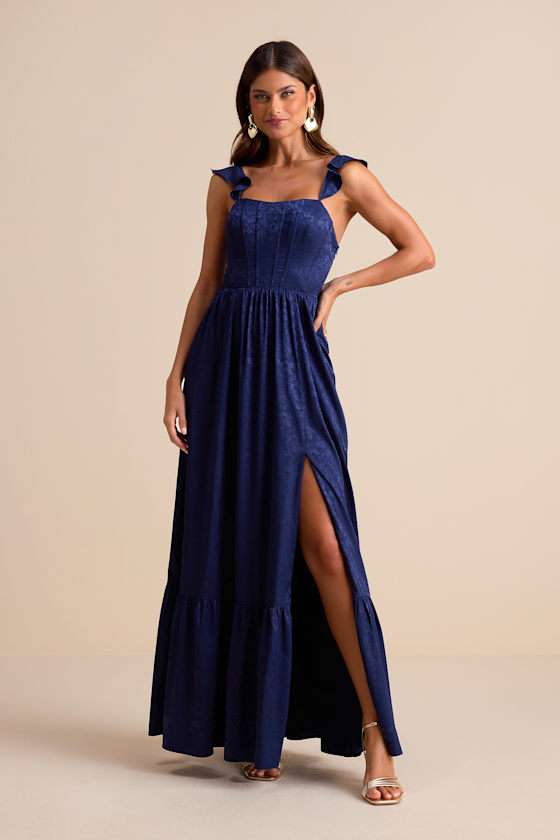 Arlaith Navy Jacquard Lace-Up Corset Maxi Dress 1