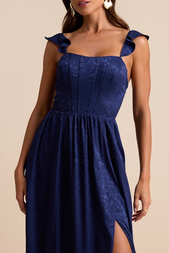 Arlaith Navy Jacquard Lace-Up Corset Maxi Dress 2