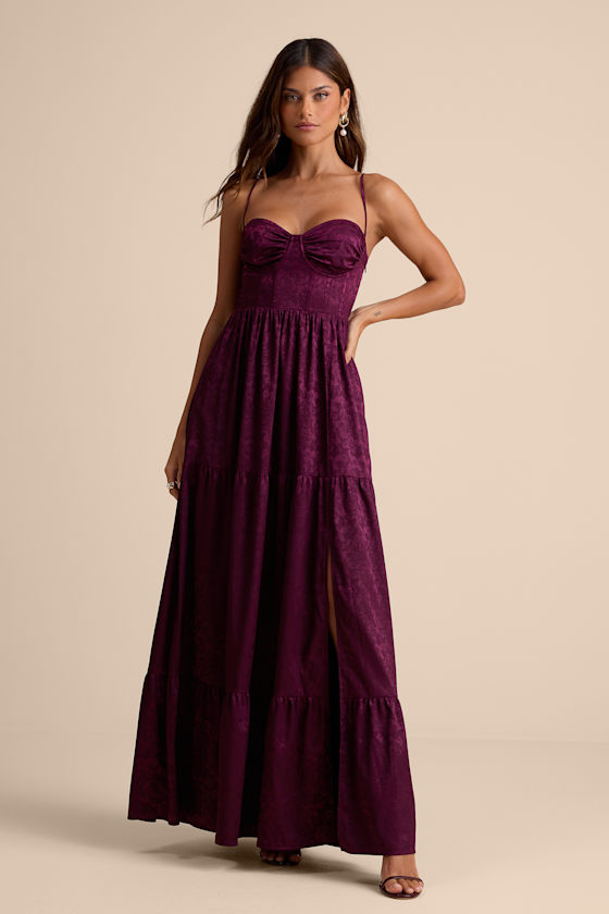 Image of Vasilia Plum Purple Satin Jacquard Tiered Corset Maxi Dress