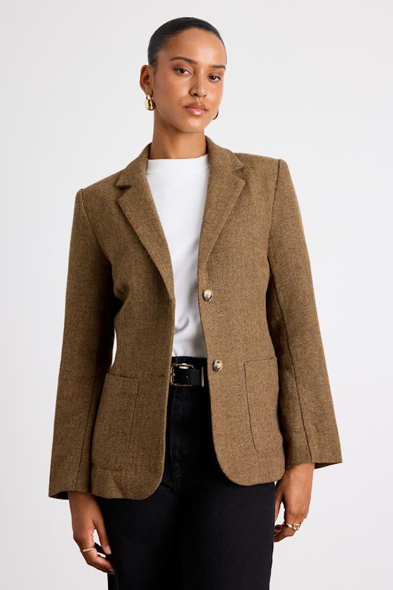 Avielle Brown Wool Tweed Collared Blazer - thumbnail 2