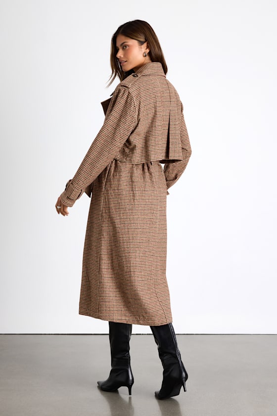 Brown Houndstooth Trench Coat - Belted Trench Coat - Trench Coat