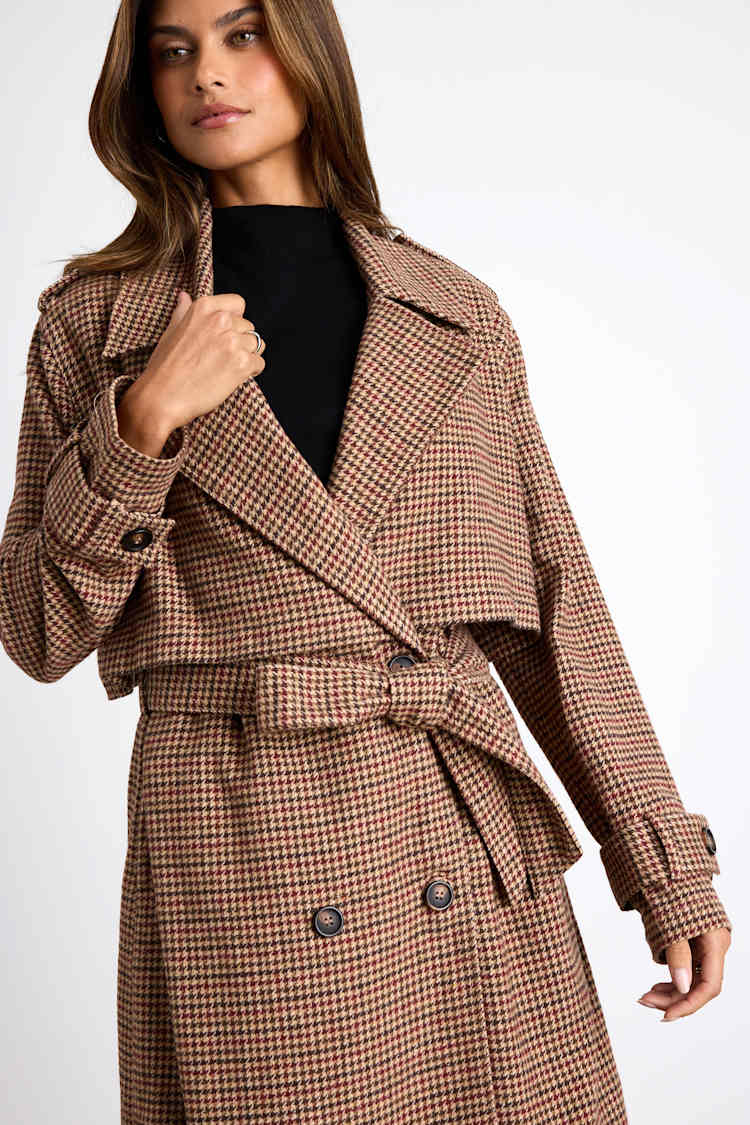 Arnella Light Brown Houndstooth Belted Trench Coat