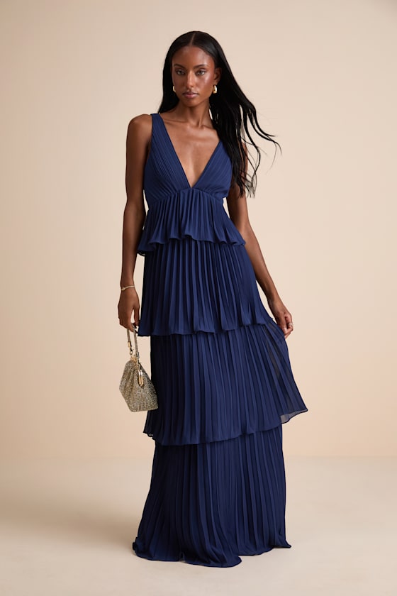 Mesmerizing Essence Navy Pleated Backless Tiered Maxi Dress 1