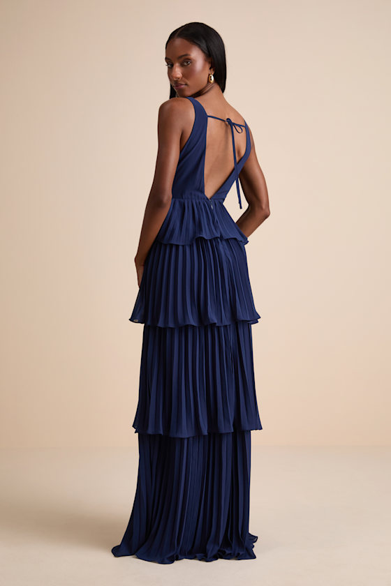 Navy Pleated Maxi Dress - Backless Gown - Navy Bridesmaid Dress