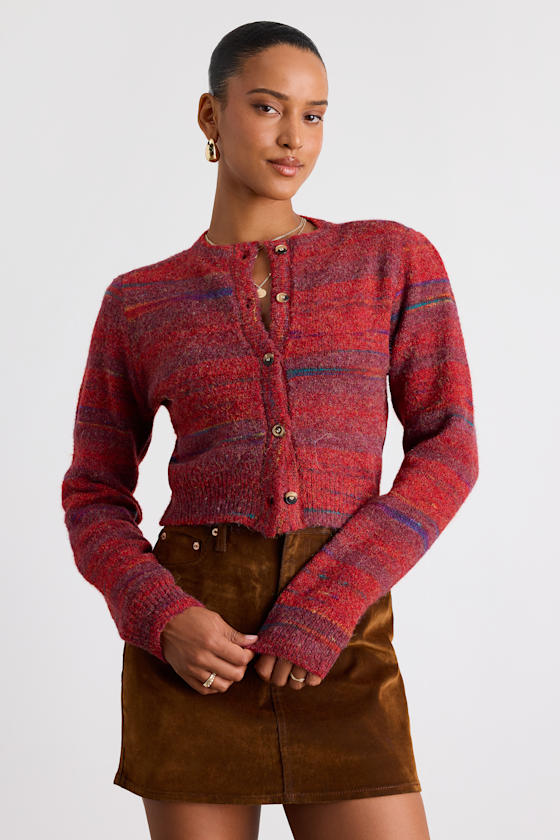 Lulus Haller Red Space Dye Cropped Cardigan Sweater In Red
