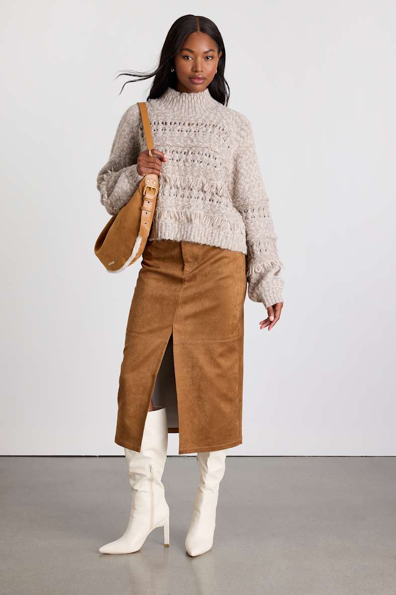 Bellwyn Heather Grey Fringe Chunky Mock Neck Sweater