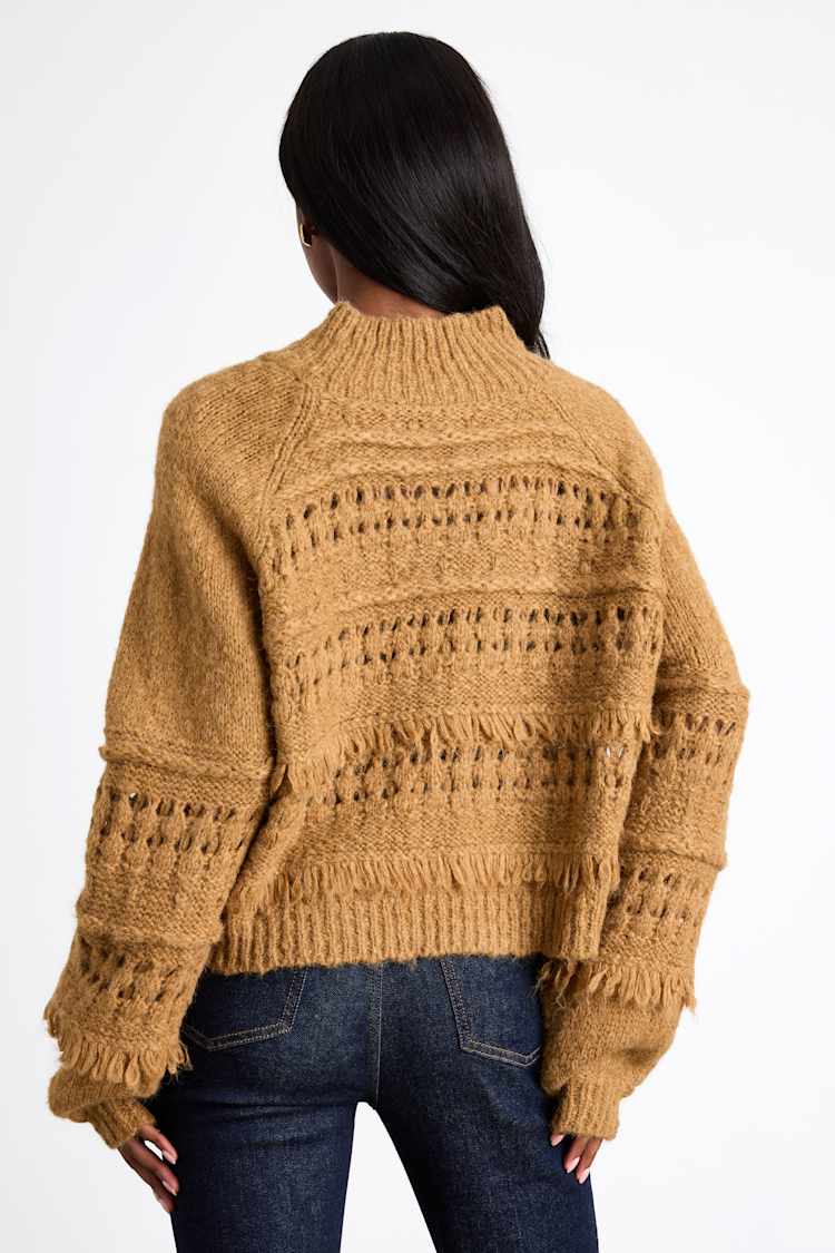Bellwyn Light Brown Fringe Chunky Mock Neck Sweater