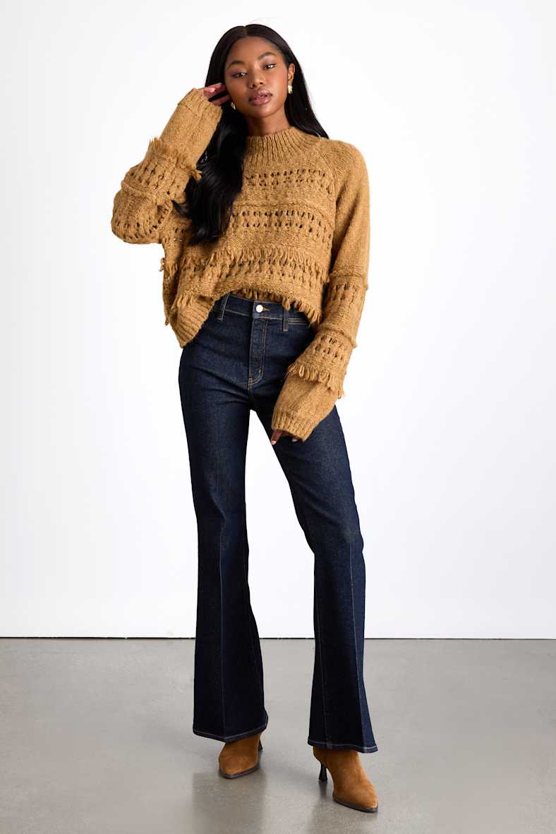 Bellwyn Light Brown Fringe Chunky Mock Neck Sweater