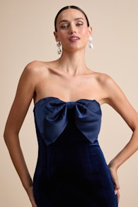Dramatic Stunner Navy Velvet Bow Strapless Maxi Dress 1