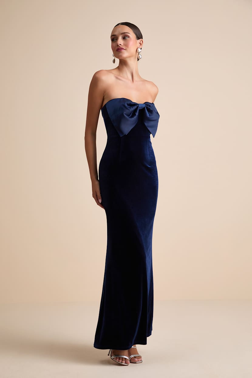 Dramatic Stunner Navy Velvet Bow Strapless Maxi Dress