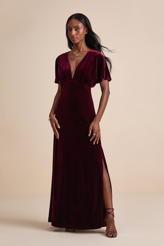 Mystical Charm Burgundy Velvet Flutter Sleeve Maxi Dress 1
