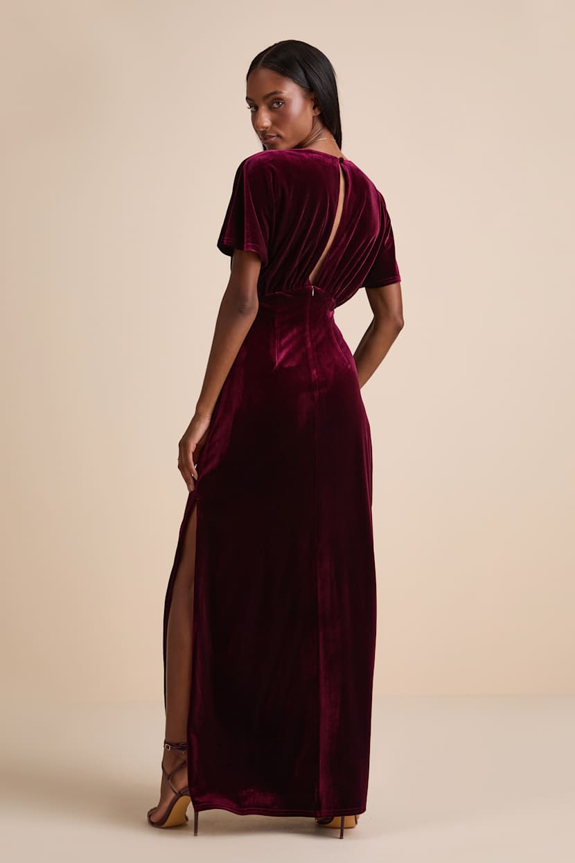 burgundy velvet long sleeve maxi dress ASOS DESIGN velvet long sleeve fallen shoulder maxi dress in burgundy
