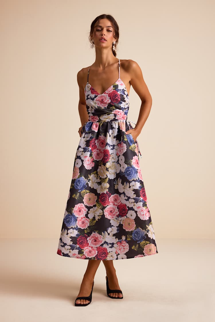 Black Multi Floral Taffeta Floral Lace-Up Midi Dress | Womens | Large (Available in XL) | Polyester/Spandex/Nylon | Lulus