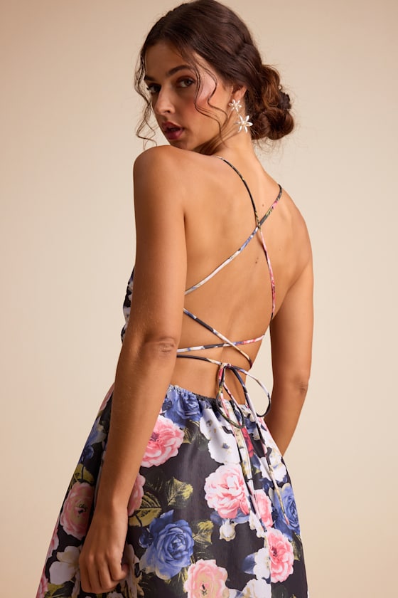 Lulus Soreia Black Multi Floral Taffeta Floral Lace-up Midi Dress In Black